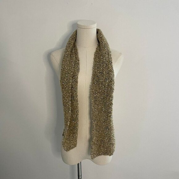 Vintage Handwoven Tan Scarf | Yuki Kreiner Textured Boucle Neutral Wool Blend - Picture 2 of 5